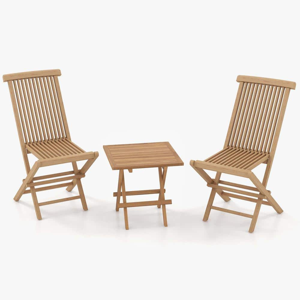 Costway 3-Piece Outdoor Bistro Set Square Table Teak Wood Folding Chair ...