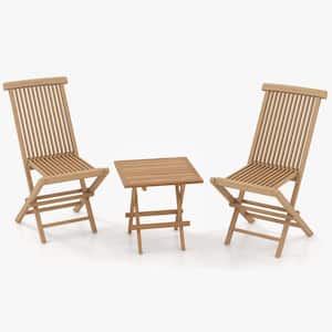 3-Piece Outdoor Bistro Set Square Table Teak Wood Folding Chair Slatted Tabletop Seat