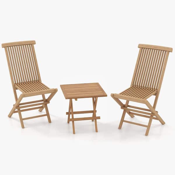 Costway 3-Piece Outdoor Bistro Set Square Table Teak Wood Folding Chair Slatted Tabletop Seat