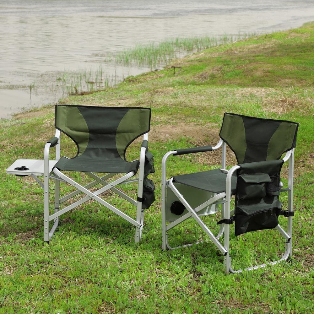 2-Piece Green Aluminum Folding Camping Chairs with Side Table and Storage