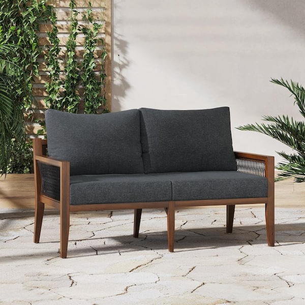 Freya Dark Acacia Solid Wood Acacia Frame Upholstered Outdoor Loveseat with Dark Gray Cushion
