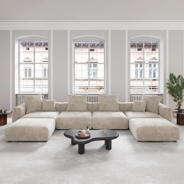 Modern 181 in. Square Arm 6-piece Modular Corduroy Sectional Sofa Oversized U-shaped Floor Couch with Ottomans in. Beige