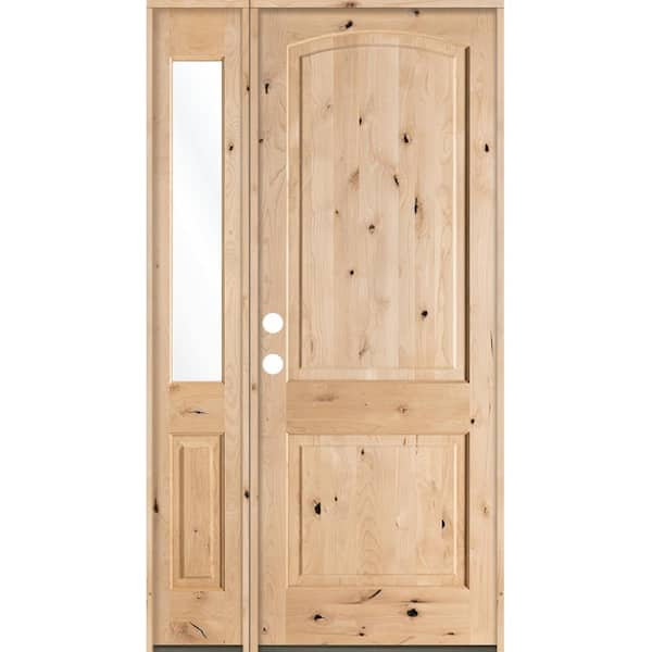 Krosswood Doors 44 in. x 96 in. Rustic Unfinished Knotty Alder Arch-Top Right-Hand Left Half Sidelite Clear Glass Prehung Front Door