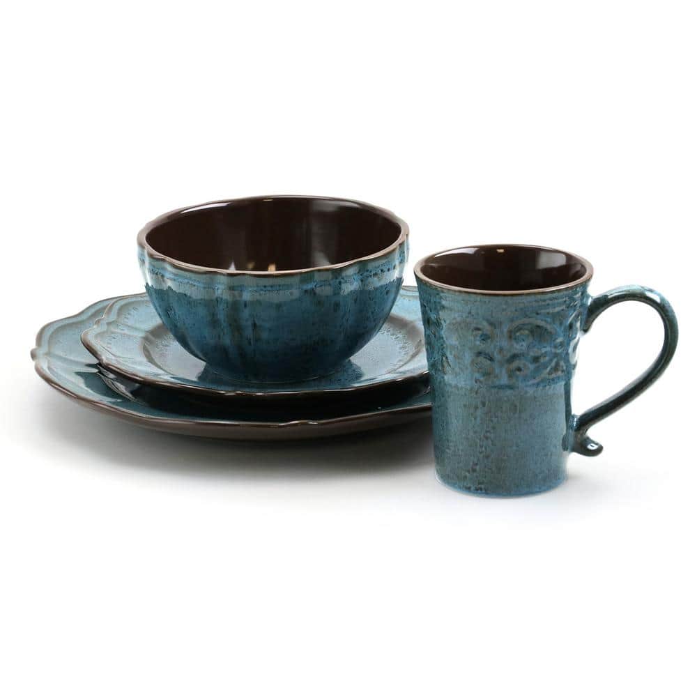 Lavish Blue Ceramic Round Dinnerware Set, Service for 4