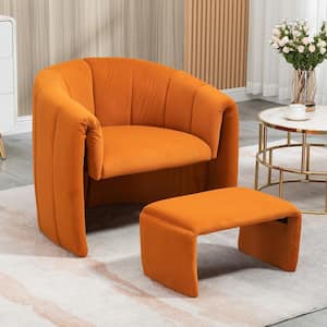 Modern Upholstered Orange Velvet Accent Arm Chair with Ottoman