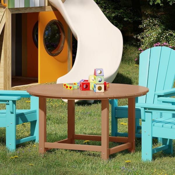 Children's Laguna Outdoor Patio All Weather Fade Resistant Kids Poly Plastic 38 in. Round Picnic Dining Table in Teak