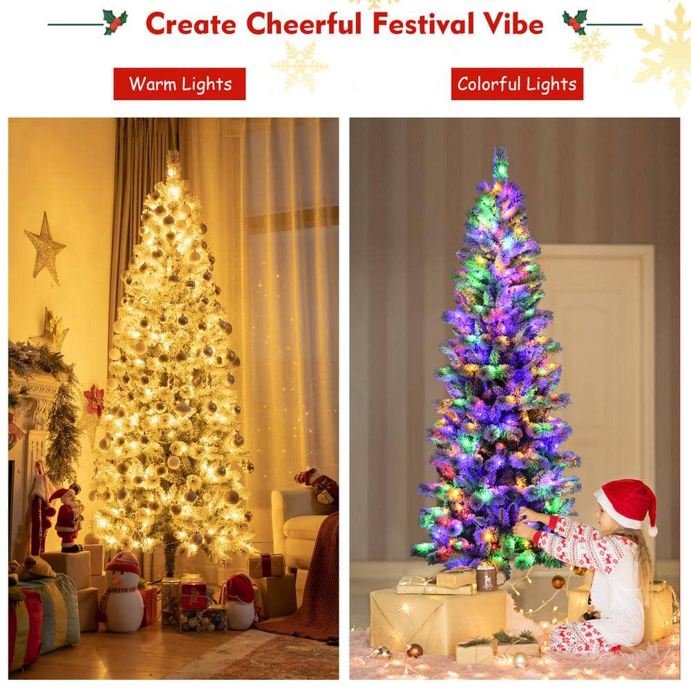 7.5 ft Snow Flocked Pine Christmas Tree with Multicolor LED Lights