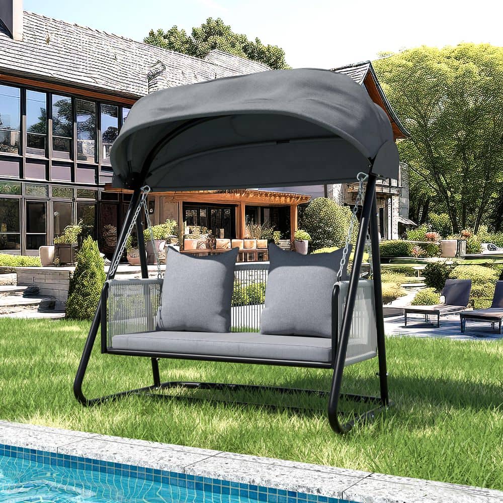 VEIKOUS 2-Seat Metal Porch Swings With Gray Adjustable Canopy