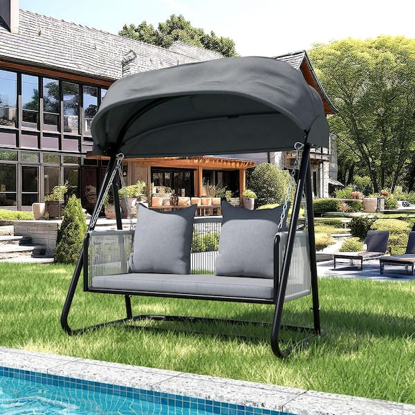 2-Seat Metal Porch Swings With Gray Adjustable Canopy, Cushion and Pillows