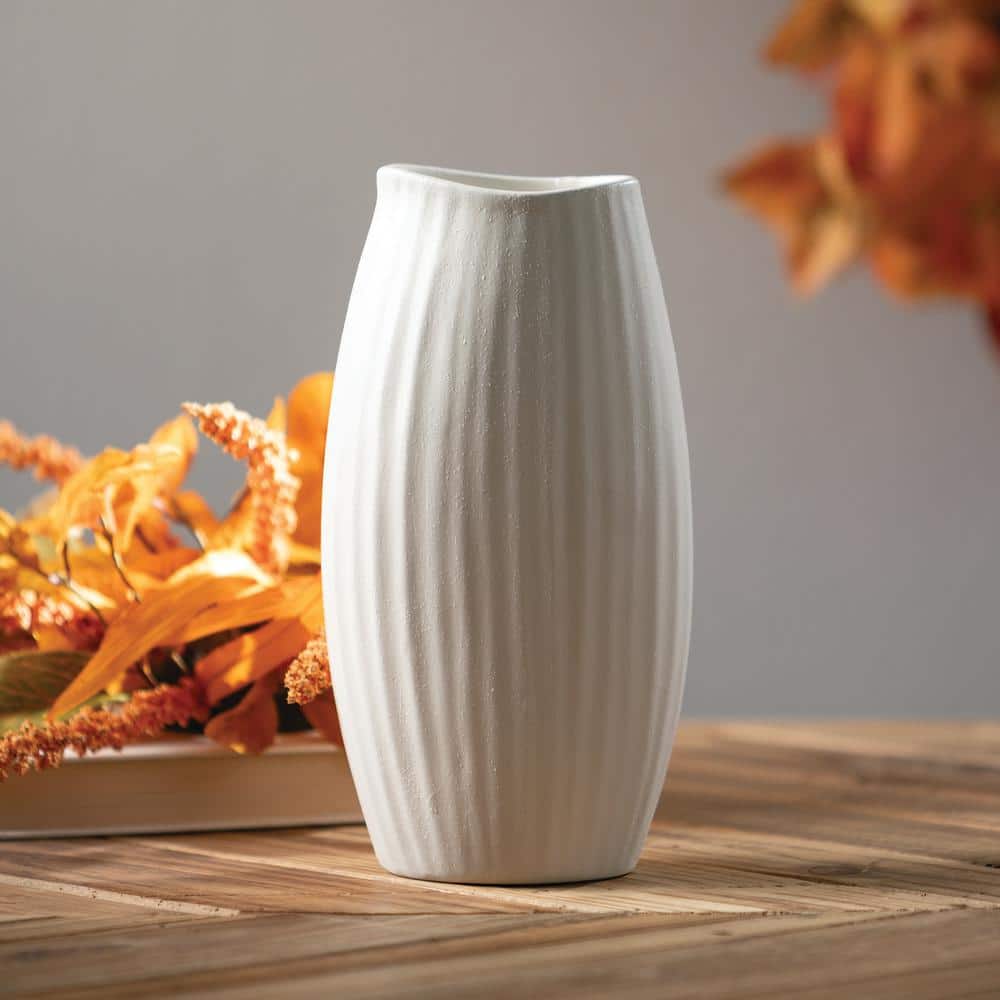 Seashell Textured Matte White Ceramic Vase, 9" Tall