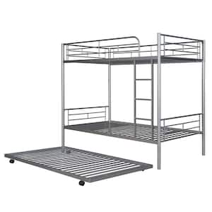 Twin-Over-Twin Metal Bunk Bed with Trundle, Twin Trundle Bed Frame for Kids, Can be Divided into Two Beds, Silver