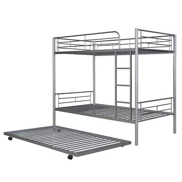 URTR Twin-Over-Twin Metal Bunk Bed with Trundle, Twin Trundle Bed Frame for Kids, Can be Divided into Two Beds, Silver