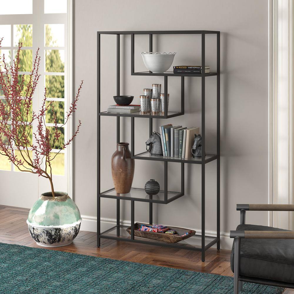 Isla 68" Blackened Bronze Modern Bookcase with Tempered Glass Shelves