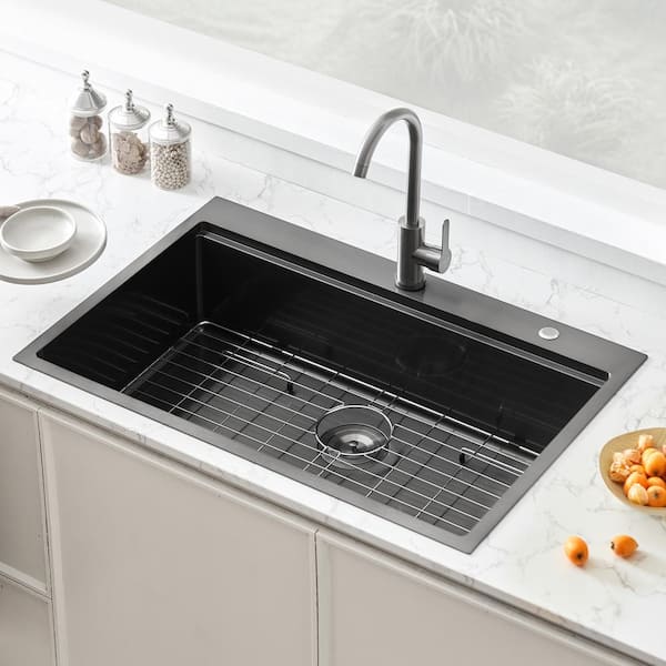 33 in. Kitchen Sink Workstation, 304 Stainless Steel Top Mount Sinks, Drop-In Single Bowl Farmhouse Basin with Ledge