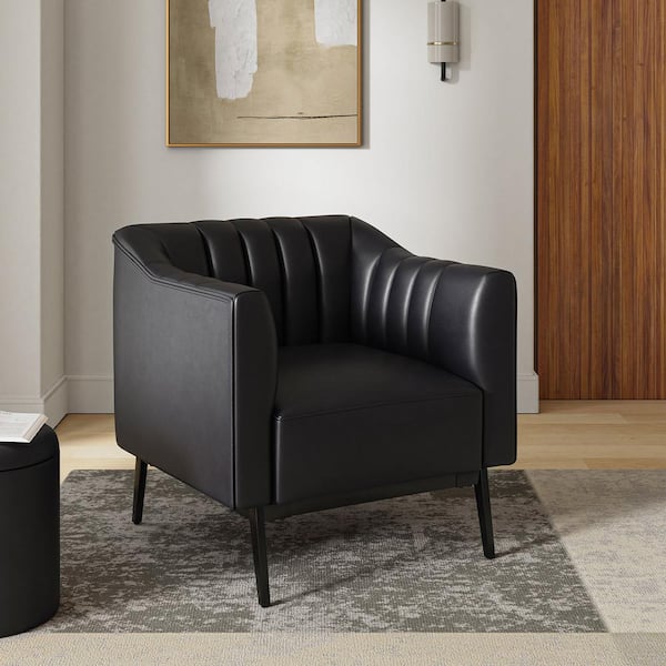 JAYDEN CREATION Curtis Black Industrial Leather 30 in. Wide Chair with Channel Tufting and Metal Leg