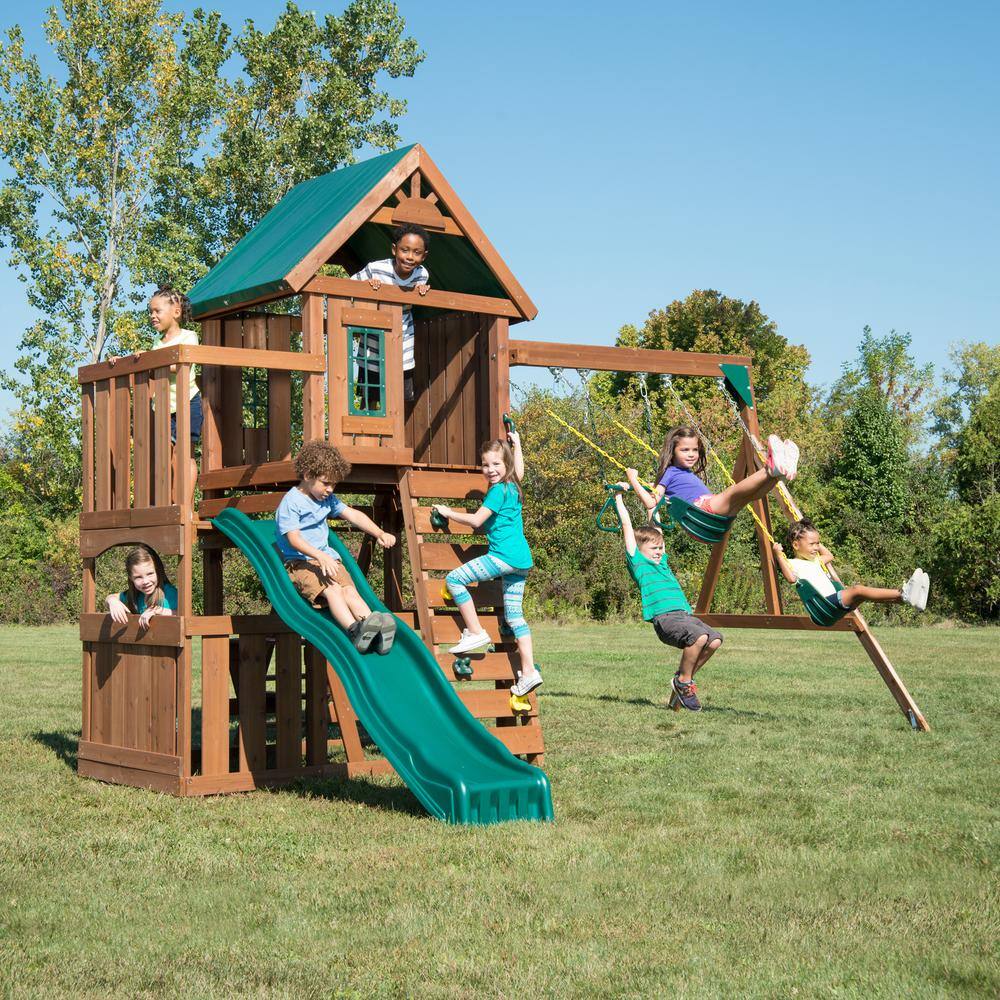 Elkhorn Wooden Backyard Swing Set with Slide and Climbing Wall