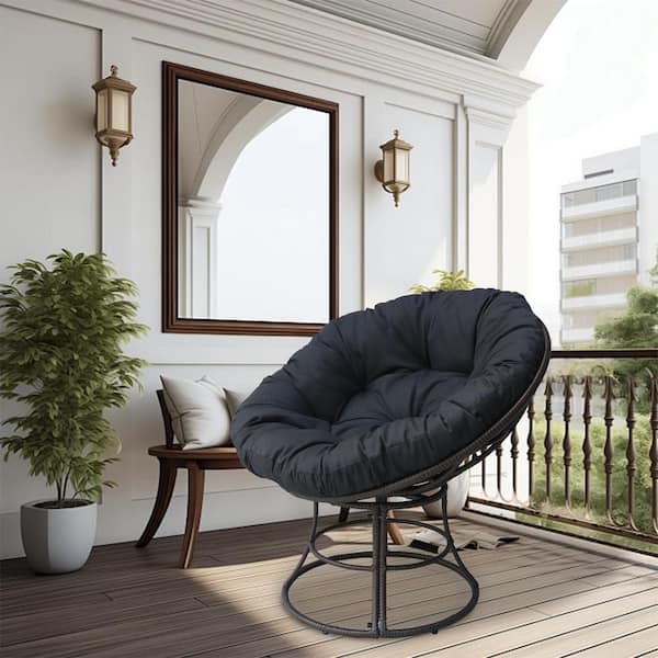 TWT Papasan Chair with Brown Wicker Metal Frame and Black Cushions Outdoor Lounge Chair