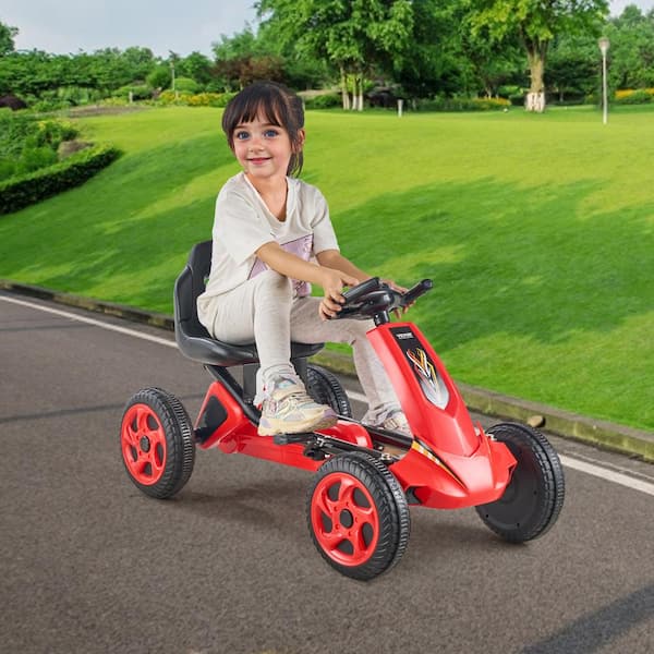 Kids Pedal Go Kart, 4-Wheel Off-Road Pedal Go Cart Ride On Toy for Kids, Steering Wheel, Adjustable Seat, Non-Slip, Red