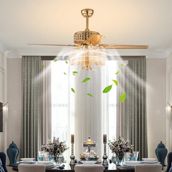 OUKANING 52 in. Indoor Gold Luxury Crystal 3-Speed Ceiling Fan