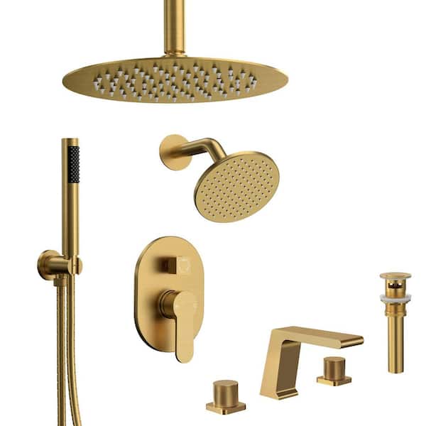 3-Spray 10 in. and 6 in. Dual Ceiling Mount Fixed and Handheld Shower Head 2.5 GPM in Brushed Gold with Basic Faucet