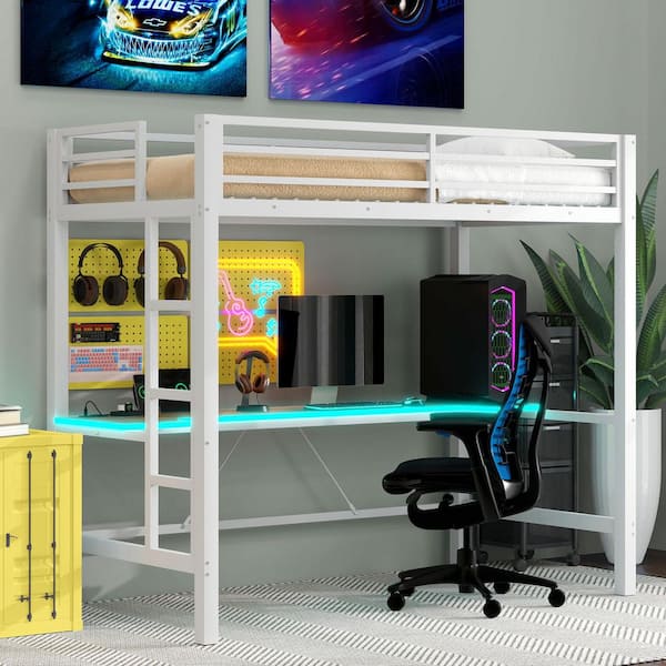 White Twin Size Gaming Metal Loft Bed with LED Light and Desk