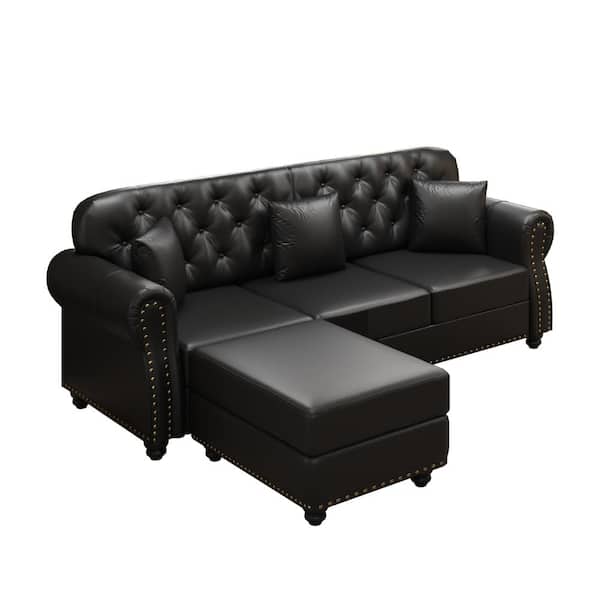 Qualler Black 82.6 in. 3-Seater Upholstered Faux Leather Tufted Sofa with Nailhead Trim, 3 pillow and Ottoman