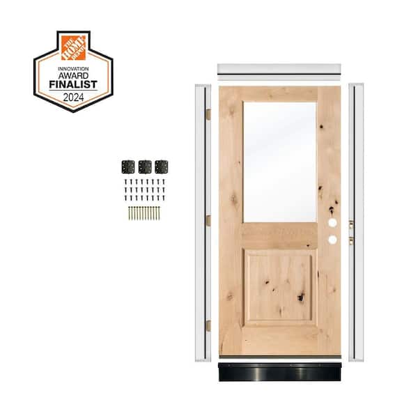 DIY 36in.x80in. Modern Farmhouse Left-Handed Half Lite Clear Glass Unfinished Wood Front Door Kit w/ Quick Assemble Jamb