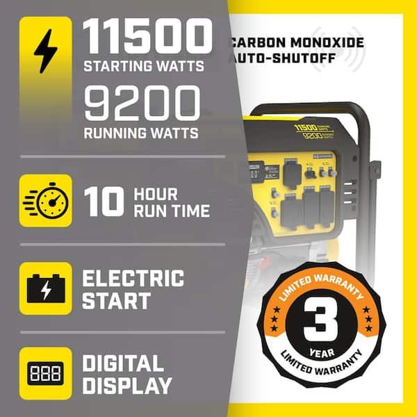 11,500/9,200-Watt Electric Start Gasoline Powered Portable Generator with CO Shield