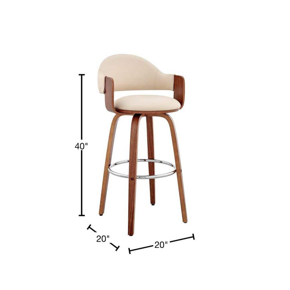 Cream Faux Leather and Walnut Wood Swivel Bar Stool