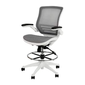 Gray Mesh Drafting Chair with White Frame and Flip-Up Arms