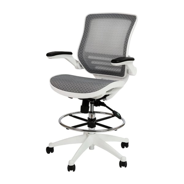 Carnegy Avenue Gray Mesh Drafting Chair with White Frame and Flip-Up Arms