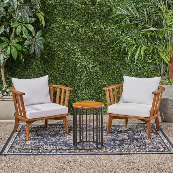 Noble House Horatio Teak Brown 3-Piece Wood Outdoor Patio Conversation Seating Set with White Cushions