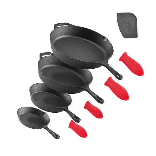 4-Piece Black Cast Iron Frying Pan Set with Heat Retention, Silicone Grip, Oven Safe, Gas and Induction Compatible