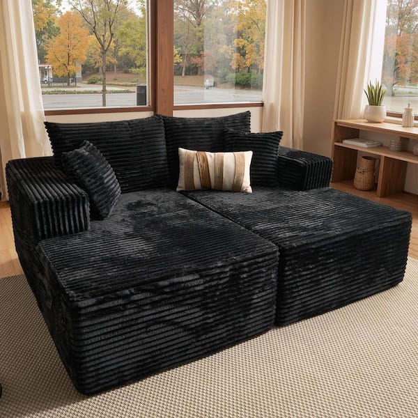 MASA 74 in. Wide Arm 2-Piece Modern Plush Corduroy Shape Sleeper Modular Sectional Sofa Bed with Chaise in Black