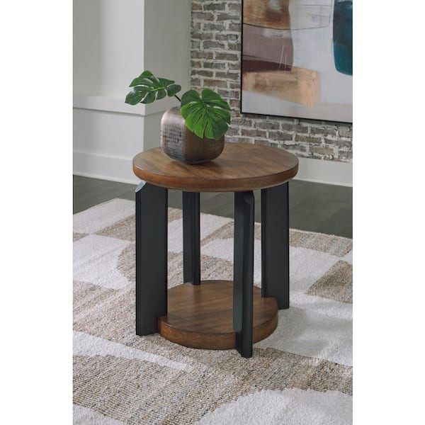 Signature Design By Ashley Kraeburn 25 in. Brown Round Wood End Table with Pedestal Base and Storage and Shelves