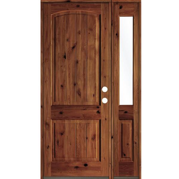 Krosswood Doors 56 in. x 96 in. Rustic knotty alder Left-Hand/Inswing Clear Glass Red Chestnut Stain Wood Prehung Front Door with RHSL