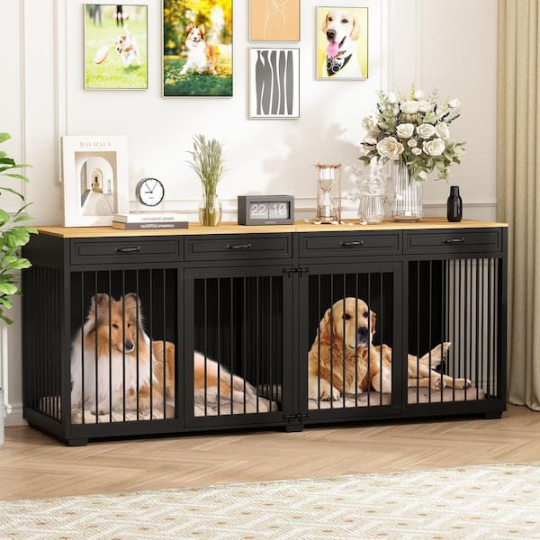 Super Large Dog Crate Furniture, 92.9 in. Wooden Dog Crate Kennel with 4 Drawers and Divider for Large Dogs Indoor Black