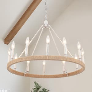 Calvin 12 Light White Candle Style Farmhouse Dimmable Kitchen Island Round Wagon Wheel Chandelier for Kitchen Island