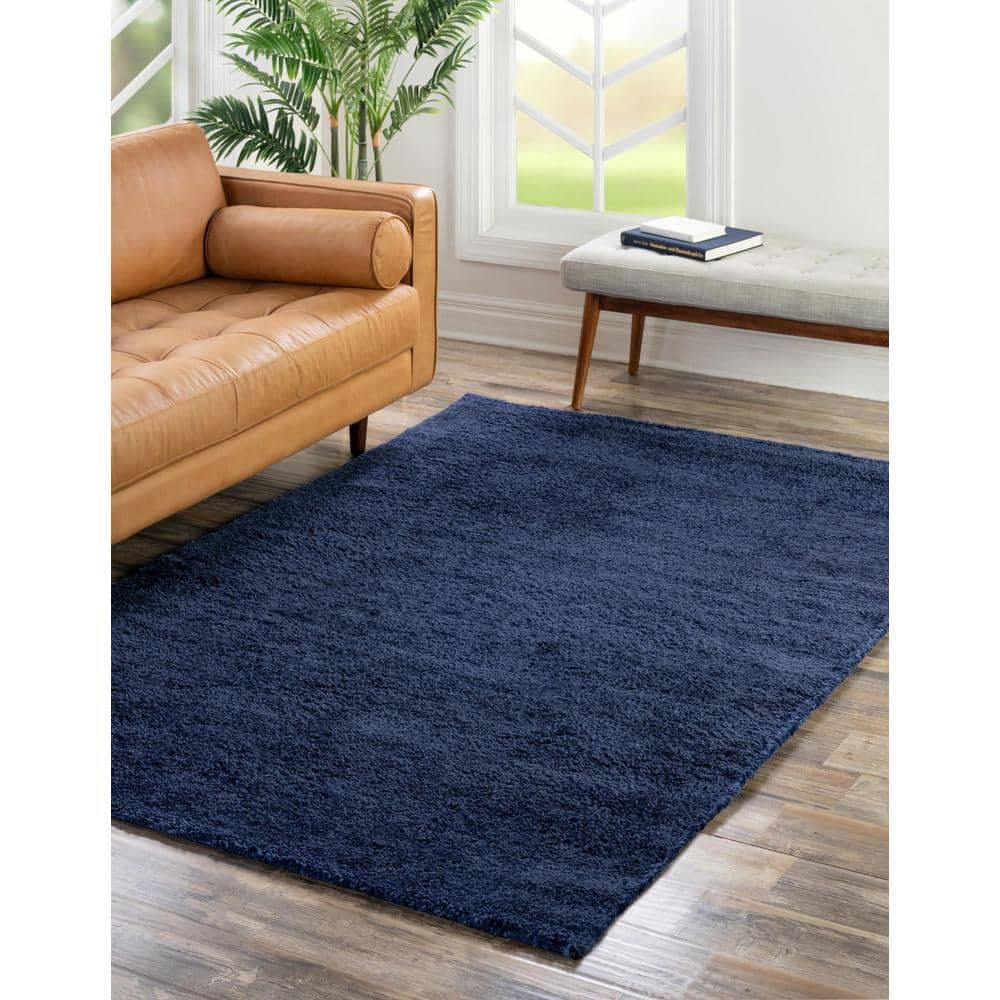 Navy Blue Solid Synthetic Rectangular Rug for Indoor Use