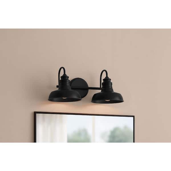Hampton Bay Elmcroft 18.25 in. 2-Light Matte Black Vanity Light with Metal Shades