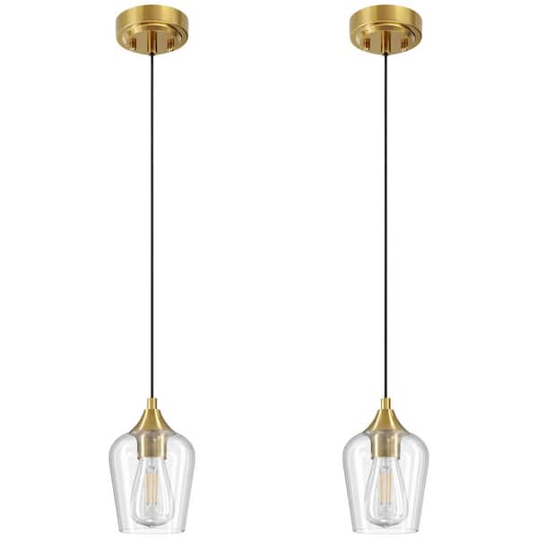 60-Watt 1 Light Brushed Gold Shaded Pendant Light Kitchen Island with Glass Shade E26 Base and Adjustable Cable (2-Pack)