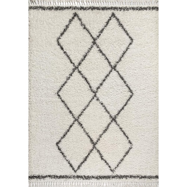 Mercer Shag Plush Tassel Moroccan Tribal Geometric Trellis Cream/Grey 5 ft. x 8 ft. Area Rug