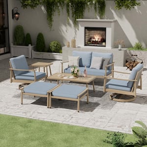 7-Piece Aluminum Patio Conversation Set, Loveseat with Ottomans, 2 Swivel Armchairs, Coffee Table and Blue Cushions