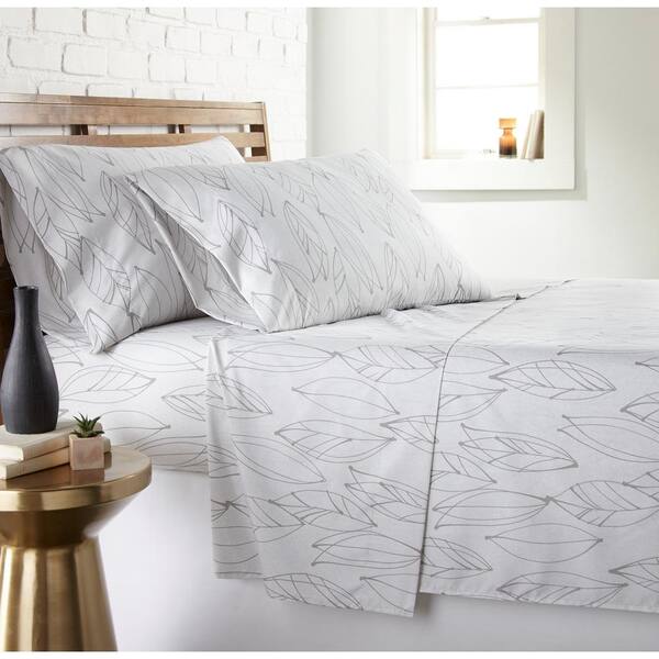 Southshore Fine Linens Modern Foliage 4-Piece Grey Leaf on White Double Brushed Microfiber Queen Sheet Set