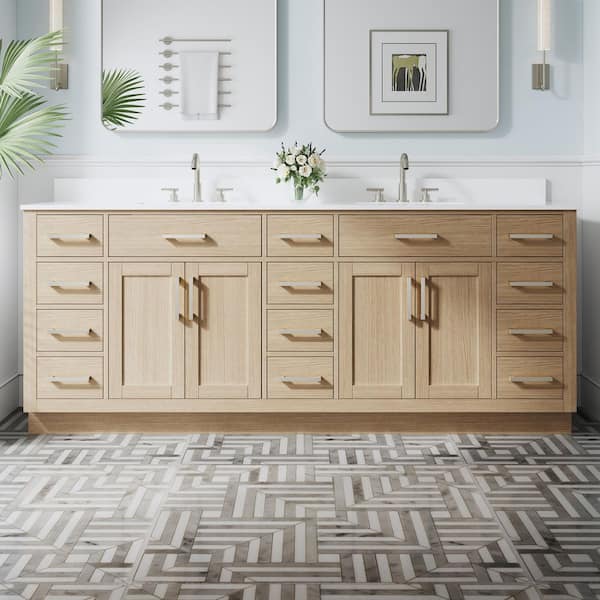NORA 84 in. Freestanding OAK Solid Wood Bath Vanity with Pure White Cultured Marble Top, Soft-Close, Assembled