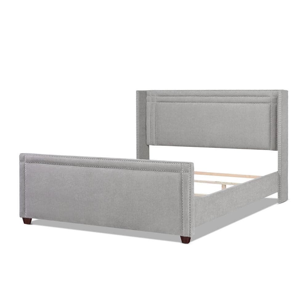 Elegant Silver Grey King Wingback Bed with Nailhead Trim and Pine Frame