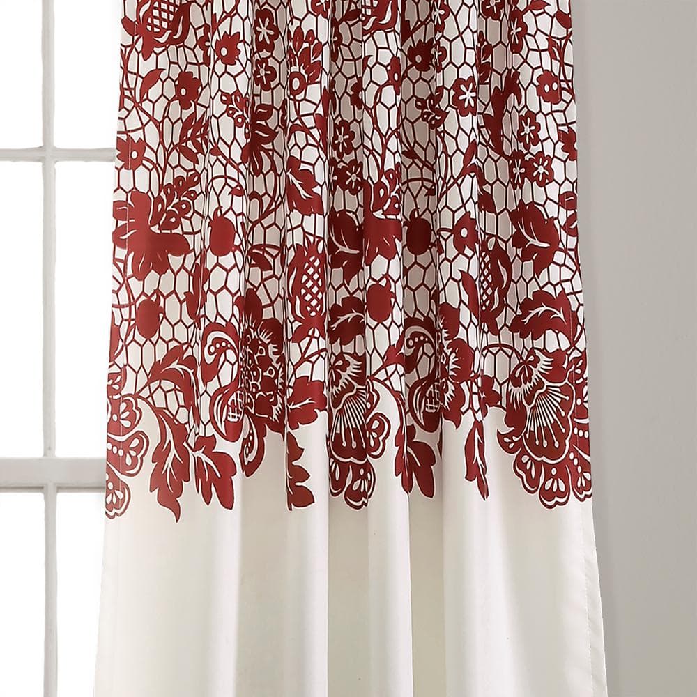 Red and White Floral Lace Detail Blackout Curtain Panels