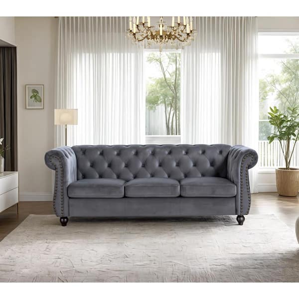 Chesterfield 83 in. Wide Rolled Arm Velvet Modern Rectangle Sofa in Gray