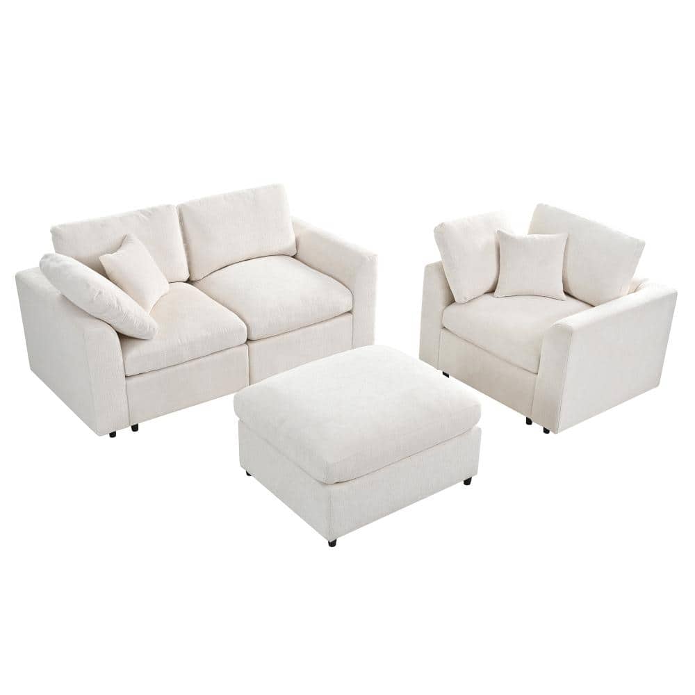 72.8 in. Wide Flared Arm Chenille Modular 3-Piece Deep Seat Sofa with Ottoman and 2 Throw Pillows in Beige price history on PriceWatchPro