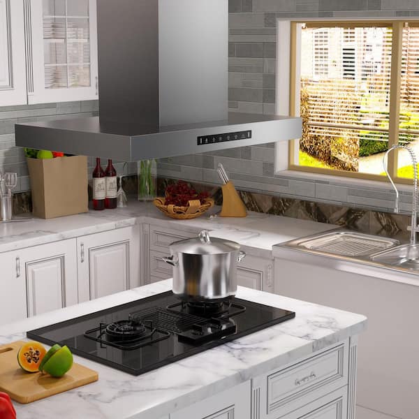 36 in. 600 CFM Ducted Island Range Hood with 4-LED light and Gesture/Touch Control, Removable baffle in Stainless Steel